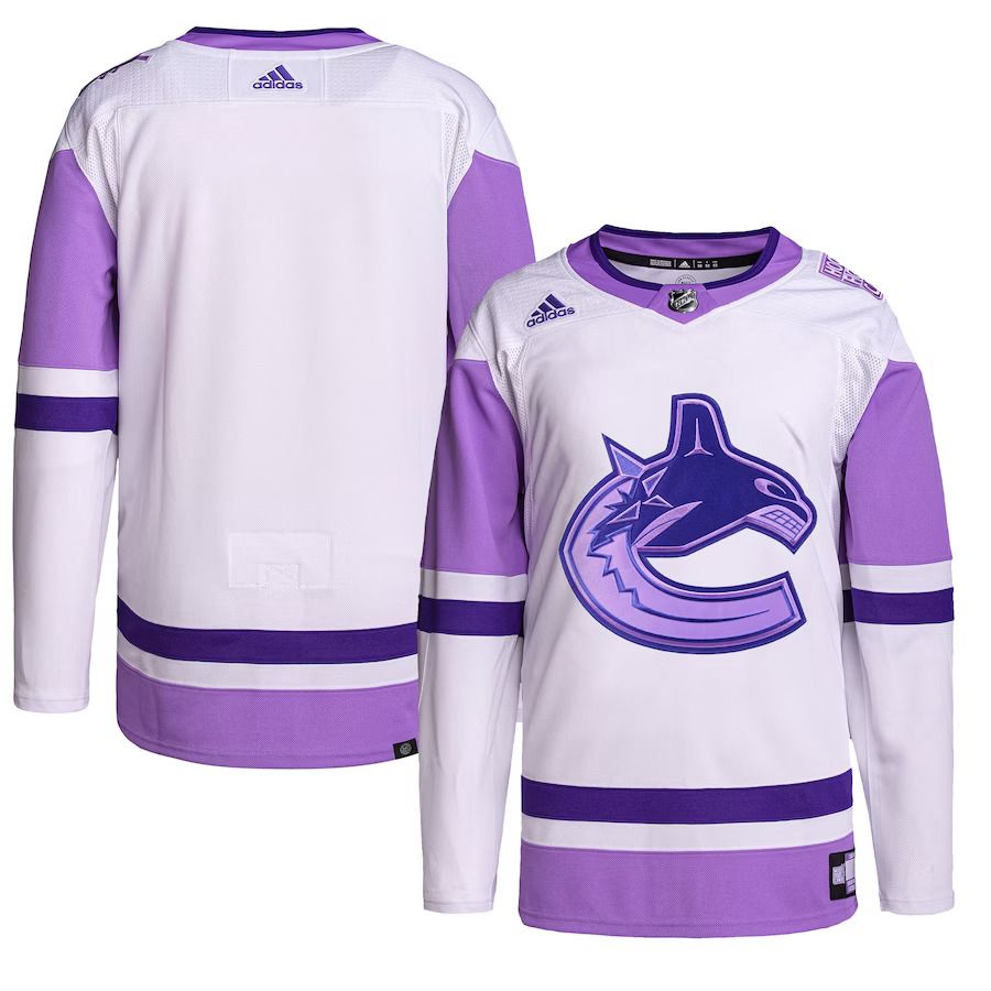 Men Vancouver Canucks adidas White Purple Hockey Fights Cancer Primegreen Authentic Blank Practice NHL Jersey